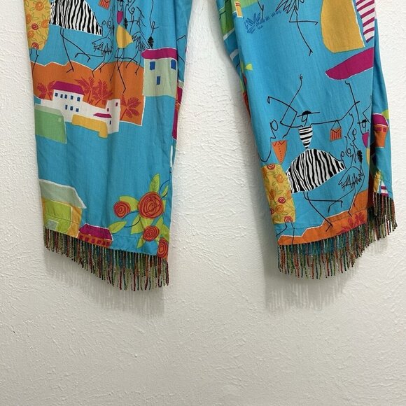 VTG 90s Paradise Turquoise Beaded Novelty Print 1X Pants Resort Wear Beach Fish - Picture 3 of 11